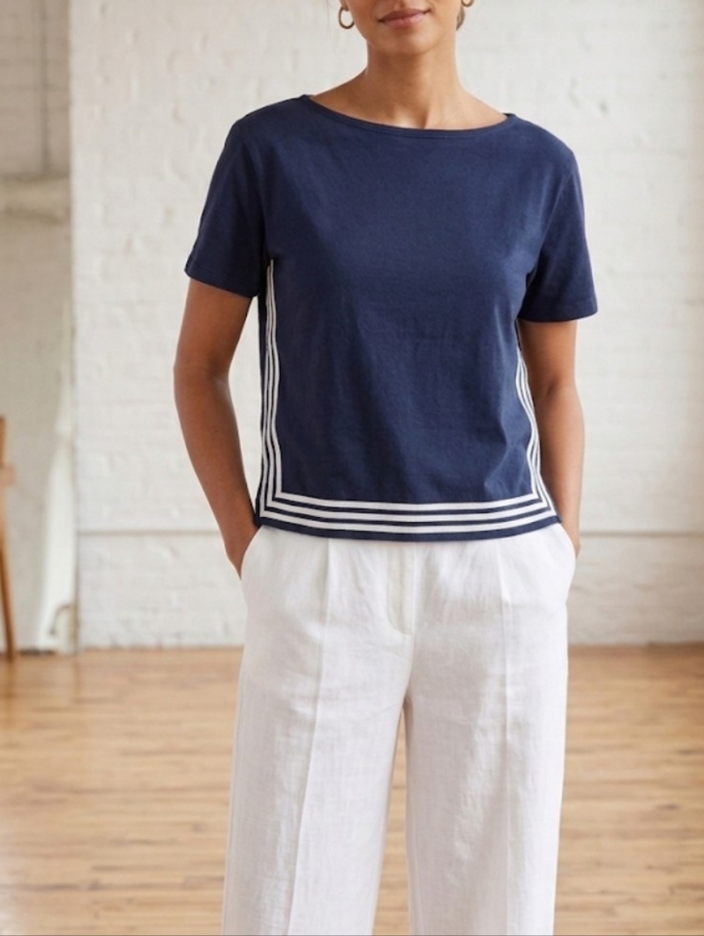 ​J. Crew Navy Blue Nautical Sailor Boatneck Crop Top 100% Cotton - Size M